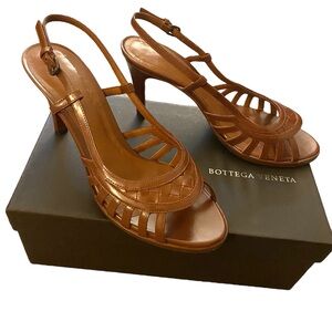 Bottega Veneta Slingback Intrecaccio Weave Leather Cage Sandals Heels Brown 7.5